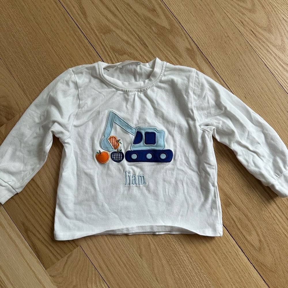 Liam White Kids Long-Sleeve Shirt with Blue Excavator Appliqué